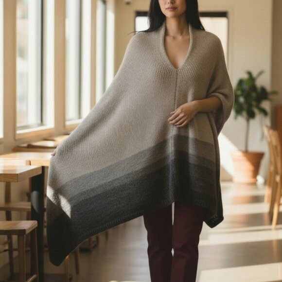 100% Peruvian Alpaca Grey Ombre Poncho "The Fisher Project" Eileen Fisher One Sz - Picture 2 of 14